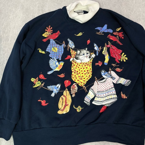 Basic Editions vintage Dark Blue Turtleneck fall style with kitten and birds - Picture 3 of 10